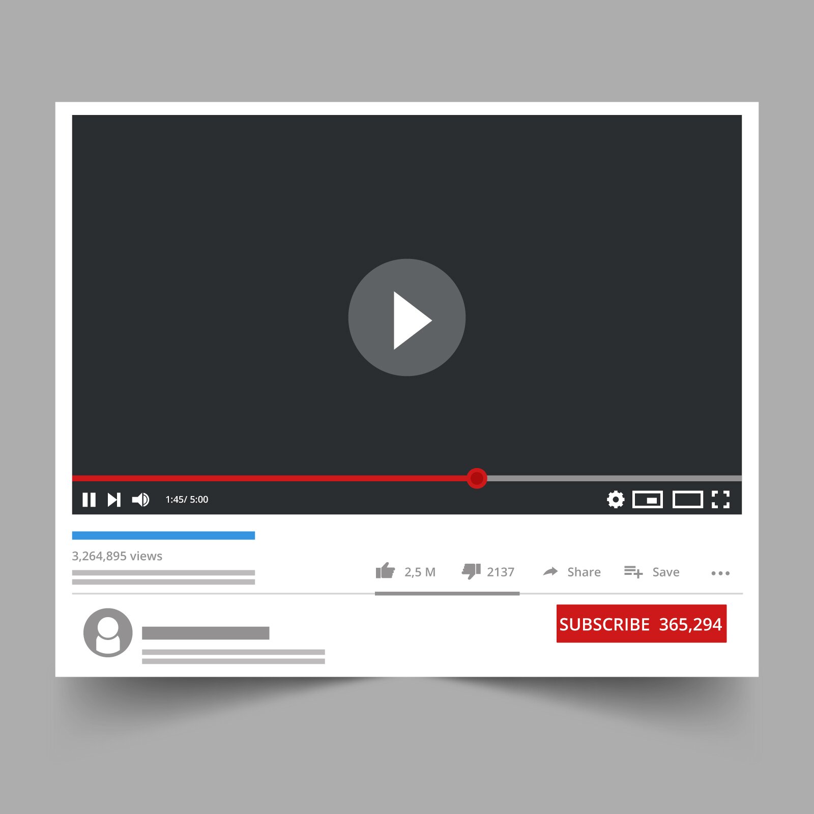 Grafika ukazuje ekran komputera, na którym wyświetla się czarny ekran z ikonką zatrzymania oglądanych treści. Transkrypcja znajduje się poniżej.  youtube. Główną jej część zajmuje okno z odtwarzaniem filmu video pod nim jest napis: 3 264 895 views,  kciuk w górę z liczbą 2,5M i kciuk w dół z liczbą 2137. W prawym dolnym rogu jest czerwony prostokąt z napisem "SUBSCRIBE 365 294".  