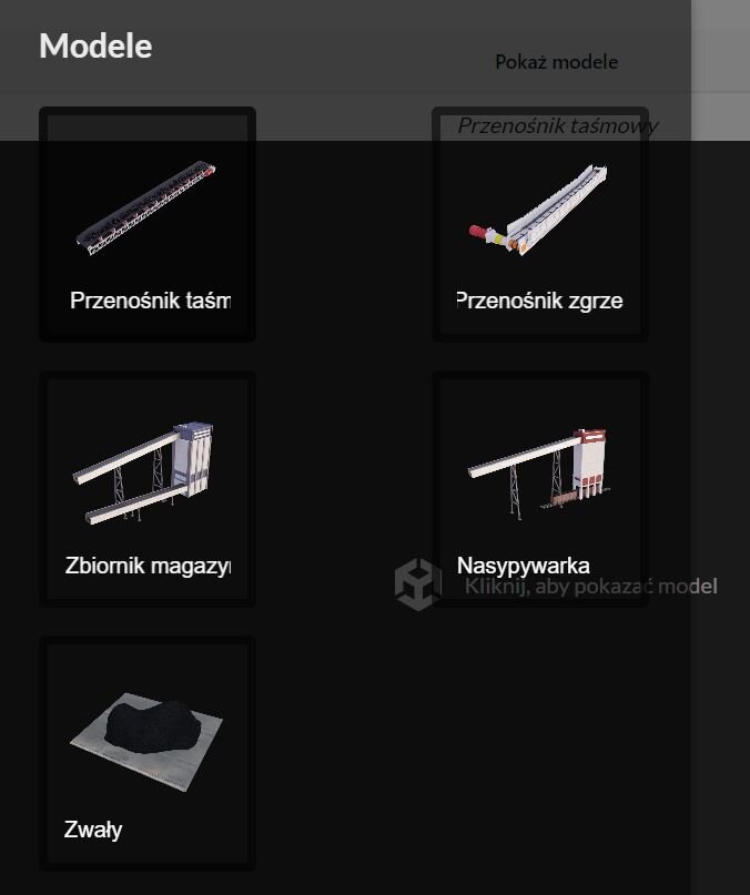 Zdjęcie przedstawia przykładowy wygląd modelu 3D z przyciskiem menu "Pokaż modele", przyciskami znaczników i panelem z opisem w formie tekstowej i audio dostępnym po kliknięciu znacznika na planszy.