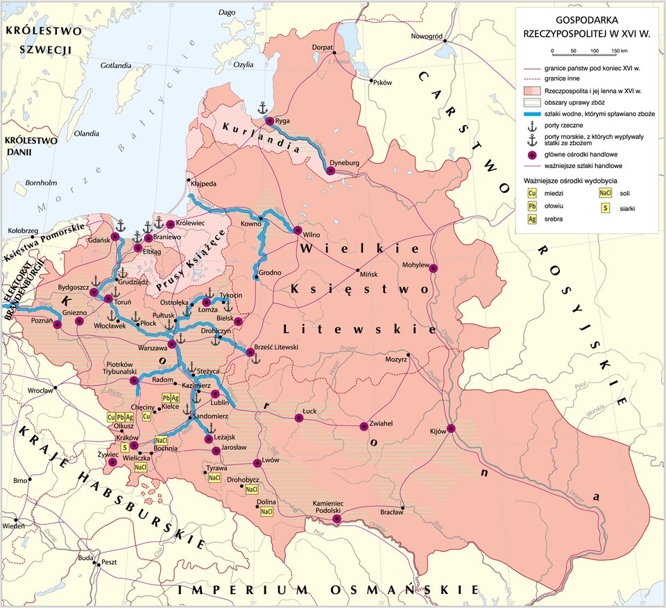 Ilustracja przedstawia mapę gospodarczą Rzeczypospolitej w XVI wieku. Na mapie przedstawione zostały główne miasta, porty, ważniejsze ośrodki wydobycia surowców mineralnych, trakty wodne, obszary upraw. Ponadto mapa przedstawia sąsiadów Rzeczypospolitej Obojga Narodów  oraz Morze Bałtyckie. Granice Rzeczypospolitej wyznaczają takie miasta jak Dorpat, Dyneburg, Mołylew, Kijów, Bracław, Kamieniec Podolski, Wieliczka, Żywiec, Olkusz, Piotrków Trybunalski, Poznań, mapa przedstawia ponad to porty rzeczne:  Bydgoszcz, Grudziądz, Toruń, Płock, Sandomierz, Kraków,: miasta portowe nad Morzem Bałtyckim :Gdańsk, Elbląg, Braniewo, Królewiec, Ryga. Zaznaczono rzeki spławne kolorem niebieskim (pogrubiona linia): Wisła wraz z dopływami