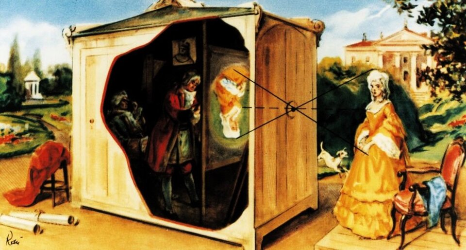  XVIII wieczna ilustracja przedstawia pracę malarza portrecisty przy pomocy camery obscura,  czytaj: kamery obskura.                   Portrecista stoi w dużym pudle, na jego prawej ścianie znajduje się otwór, przed którym stoi kobieta w długiej żółtej sukni z białym kołnierzem i falbanami na końcu rękawów. Na głowie ma białą perukę upiętą w kok. Obok kobiety stoi fotel. Wokół widać drzewa a w oddali jasny budynek pałacu. 