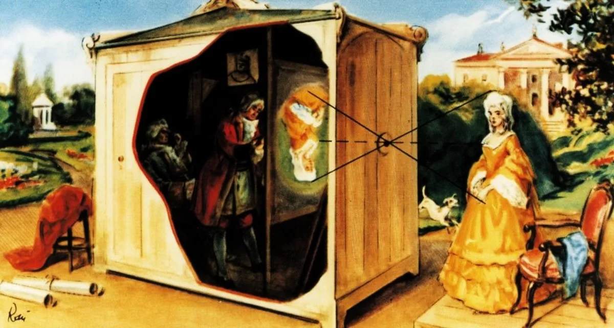  XVIII wieczna ilustracja przedstawia pracę malarza portrecisty przy pomocy camery obscura,  czytaj: kamery obskura.                   Portrecista stoi w dużym pudle, na jego prawej ścianie znajduje się otwór, przed którym stoi kobieta w długiej żółtej sukni z białym kołnierzem i falbanami na końcu rękawów. Na głowie ma białą perukę upiętą w kok. Obok kobiety stoi fotel. Wokół widać drzewa a w oddali jasny budynek pałacu. 