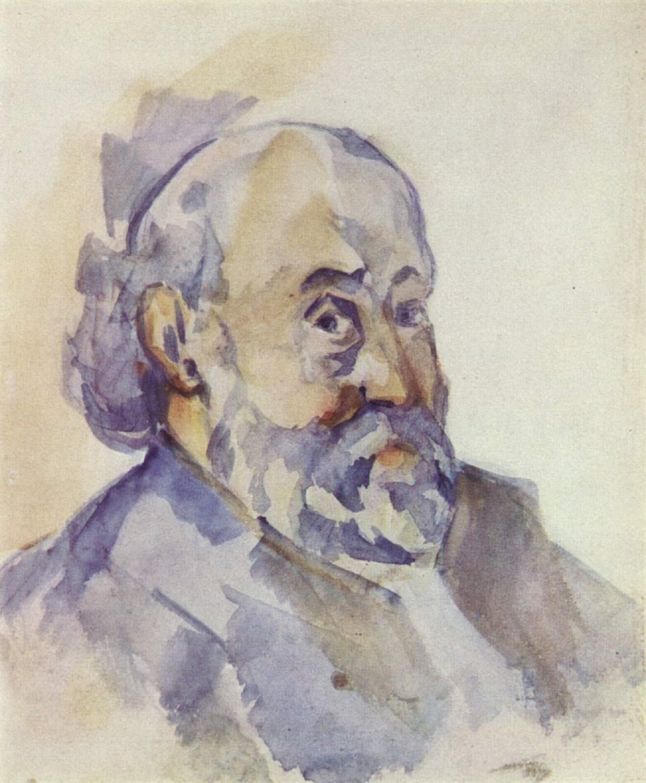 Ilustracja przedstawia akwarelę „Autoportret”, której autorem jest  Paul Cézanne  [czytaj: pol sezan]. Na obrazie znajduje się popiersie starszego mężczyzny z brodą namalowane farbami akwarelowymi. Ujęta z półprofilu postać spogląda w kierunku widza. Utrzymany w tonacji niebiesko‑szarej z elementami żółto‑pomarańczowej karnacji portret, namalowany jest lekko, swobodnymi pociągnięciami pędzla. Tło jest jasne.