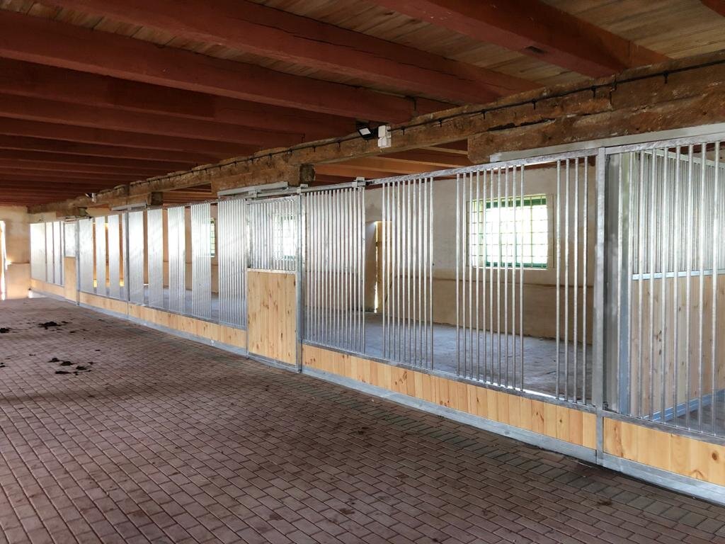 Zdjęcie przedstawia biegalnię dla koni. Z prawej strony widać ciąg długich boksów oddzielonych od siebie i od korytarza metalowymi sztabami. Korytarz wyłożony jest brązową kostką. Dach budynku ma duże drewniane belki.