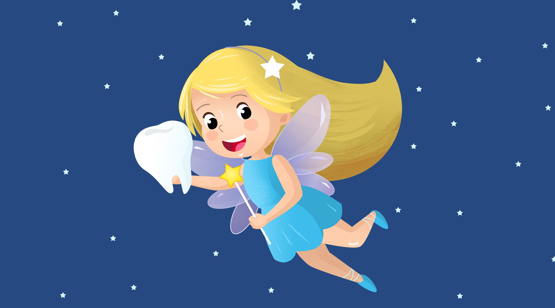 Ilustracja przedstawia Wróżkę Zębuszkę. W jednej ręce trzyma różdżkę, a w drugiej duży ząb.
