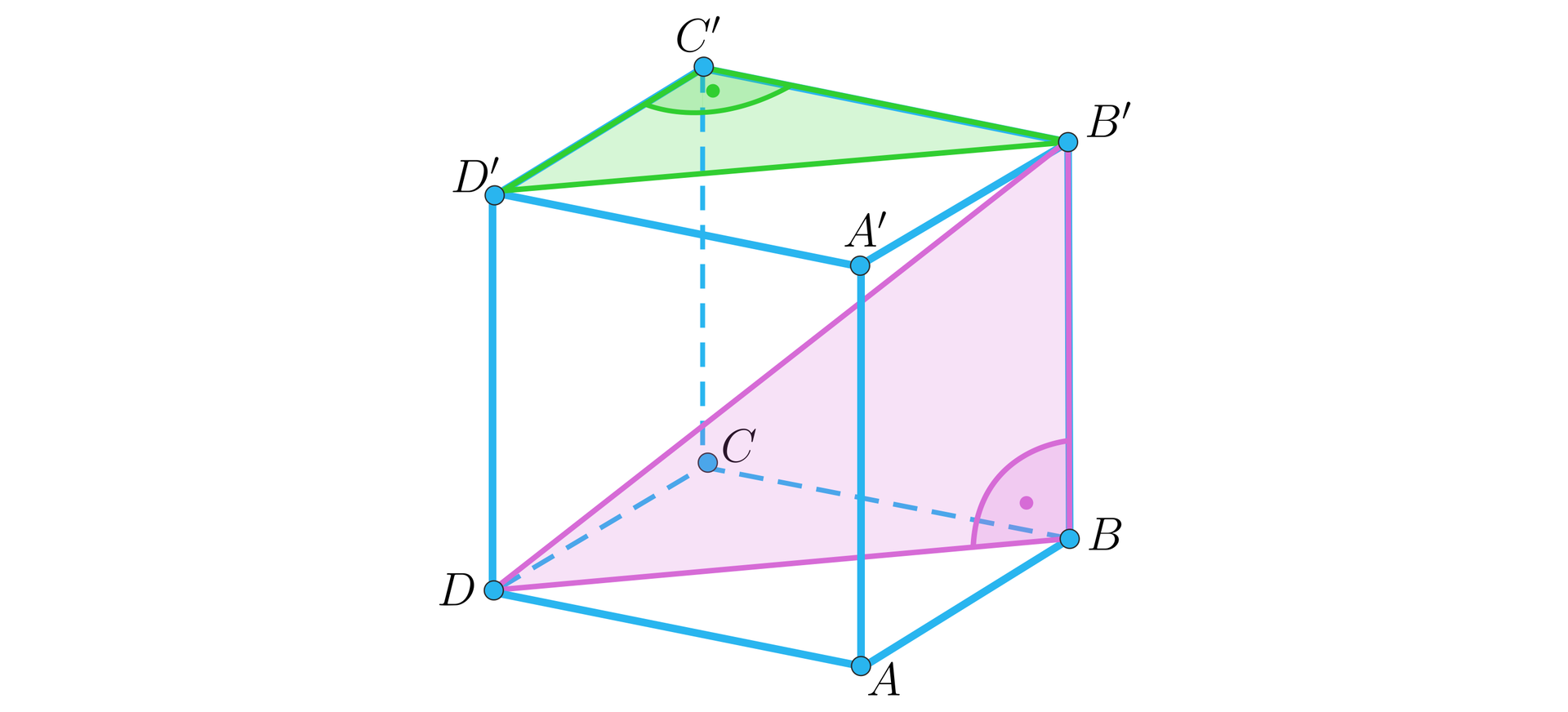 Grafika przedstawia sześcian. Podstawę dolną oznaczono A B C D, natomiast górną A prim, B prim, C prim, D prim. Odpowiednio nad wierzchołkiem A znajduje się wierzchołek A prim, nad wierzchołkiem B wierzchołek B prim i tak dalej. Zaznaczono odcinek łączący wierzchołek A i C prim. Kolorem różowym zacieniowano trójkąt prostokątny B prim B D, natomiast kolorem zielonym zacieniowano trójkąt D prim C prim B prim.