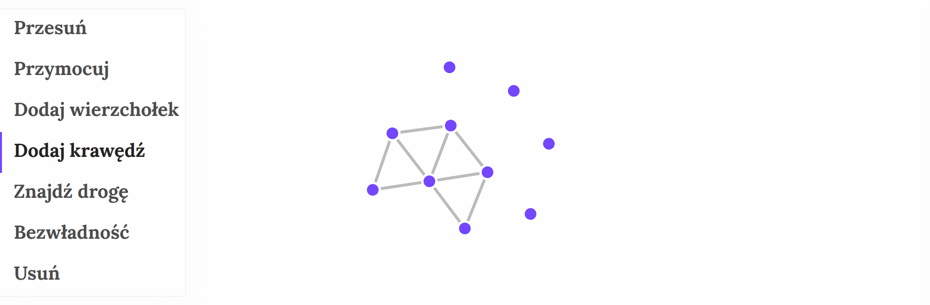 Animacja prezentuje właściwości opcji: Dodaj krawędź.  Po kliknięciu w dwa oddzielone węzły pojawia się między nimi łącząca je krawędź