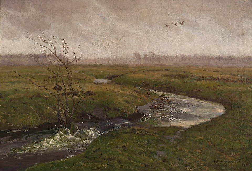 Obraz przedstawia wiejski pejzaż. Pośrodku łąki wije się wąski strumień. Trawa porastająca łąkę jest gęsta, niska. Na pierwszym planie ukazany jest wir wodny i niewielkie, bezlistne drzewo rosnące na brzegu. W wodzie leżą kamienie. Na wysoko umieszczonym horyzoncie ukazane są drzewa. W tle ciemne, zachmurzone niebo i lecące nisko ptaki.
