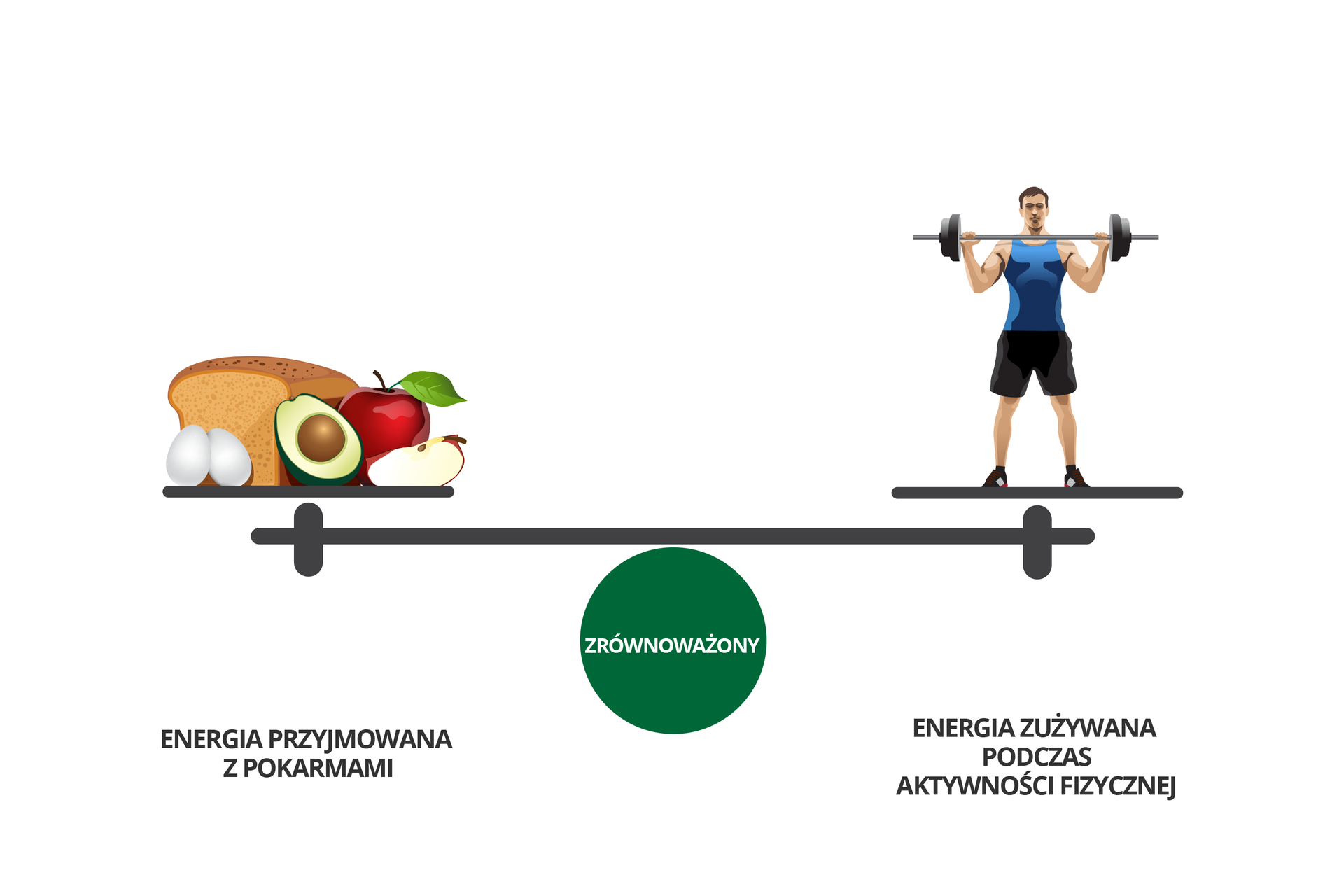 W galerii znajdują się plansze, dotyczące bilansowania energii. Rysunek przedstawia poziomo belkę wagi na zielonym kole z napisem: zrównoważony. Z lewej na szali produkty spożywcze: chleb, 2 jajka, kiwi, jabłka. Podpis: energia przyjmowana z pokarmami. Z prawej postać atlety ze sztangą. Podpis: energia zużywana podczas aktywności fizycznej.