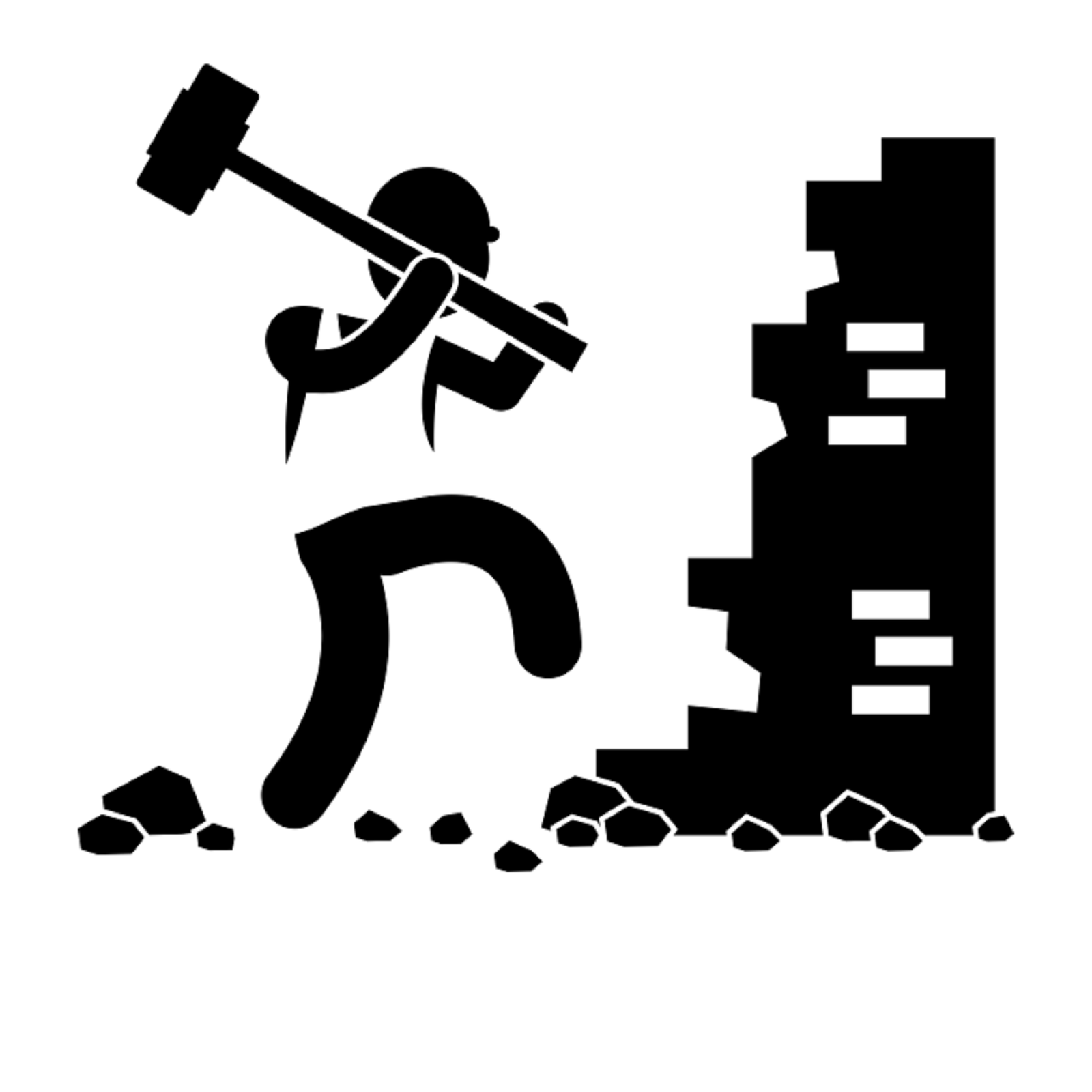 Ilustracja przedstawia grafikę z ikoną ukazującą czarną postać mężczyzny. Mężczyzna ma w rękach młot.