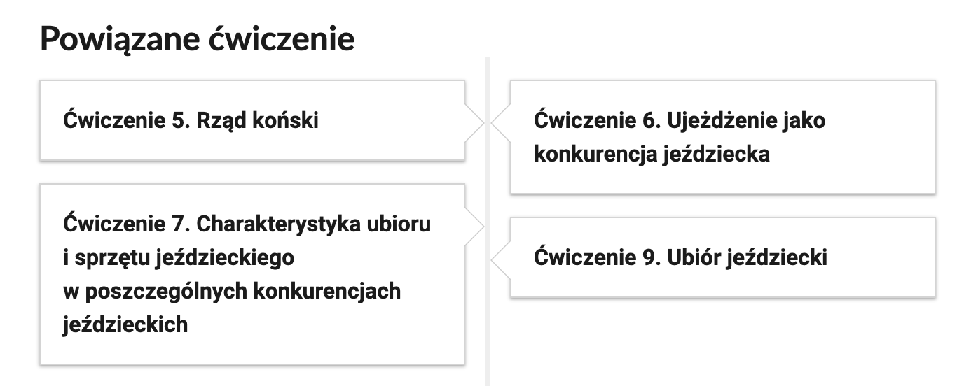 Grafika przedstawia przykładowe przyciski powiązanych ćwiczeń z danym multimedium. Przedstawiono cztery kafelki. Pierwszy kafelek zawiera napis: Ćwiczenie piąte. Rząd koński. Drugi kafelek zawiera napis: Ćwiczenie szóste. Ujeżdżenie jako konkurencja jeździecka. Trzeci kafelek zawiera napis: Ćwiczenie siódme. Charakterystyka ubioru i sprzętu jeździeckiego w poszczególnych kategoriach jeździeckich. Czwarty kafelek zawiera napis: Ćwiczenie dziewiąte. Ubiór jeździecki.