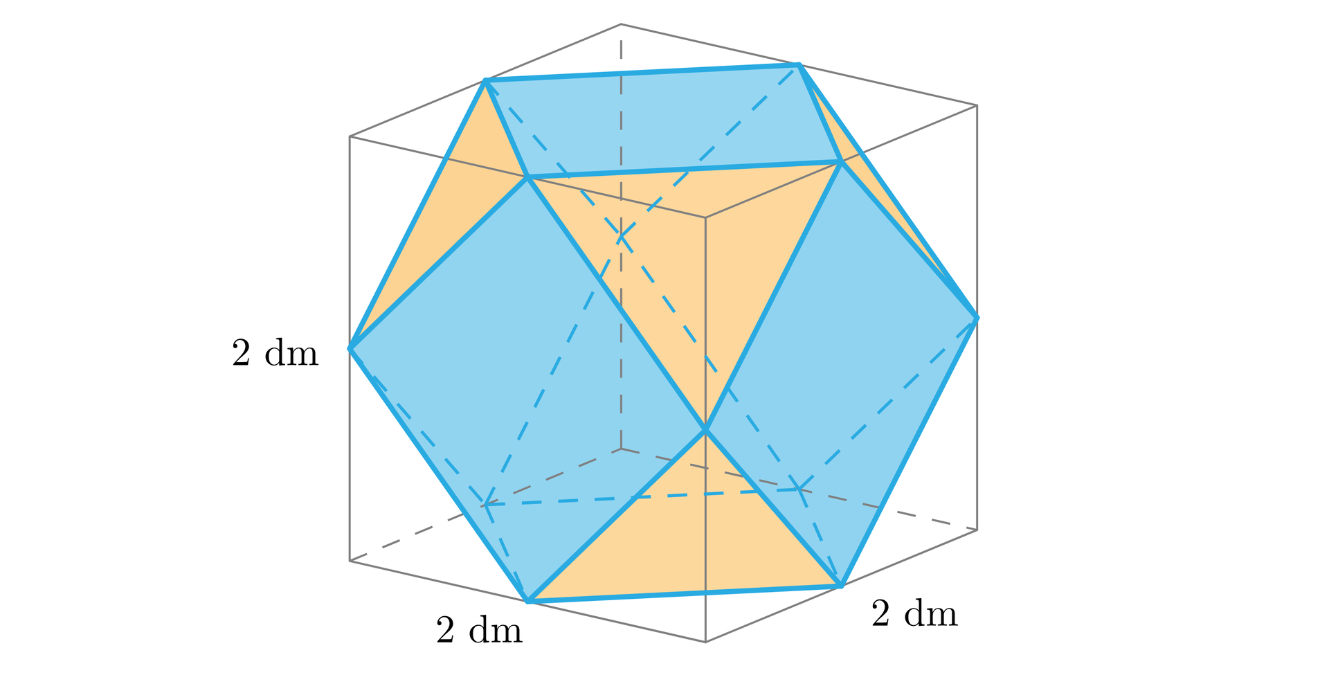 Ilustracja przedstawia sześcian z odciętymi narożnikami.  Cięcia poprowadzono przez środki krawędzi sześcianu dzięki czemu utworzono sześcio-ośmiościan. Bryła ta składa się z sześciu kwadratów oraz ośmiu trójkątów równobocznych i  jest wpisana w sześcian o długości krawędzi równej dwa decymetry. 