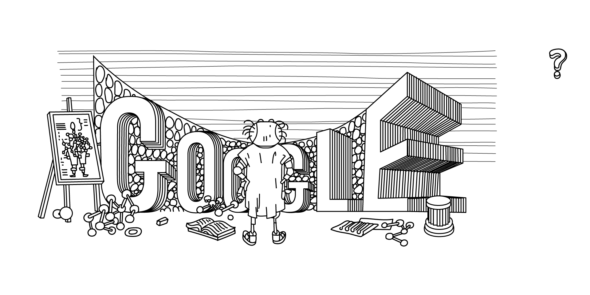 Ilustracja przedstawia jedną z grafik Google Doodle. Grafika jest wykonana czarna kreską na białym tle. Jest to logo Google, napisane wielkimi literami. Napis zwiększa się w stronę zewnętrznych liter, tak, że pierwsza litera „g” i ostatnia litera „e” są największe. Pomiędzy literami znajdują się okrągłe kształty. Po prawej stronie napisu siedzi robot w koszuli i butach, który opiera głowę na ręce. Obok niego leży książka i model cząsteczki chemicznej. Po lewej stronie napisu znajduje się sztaluga z narysowanym schematem naukowym.