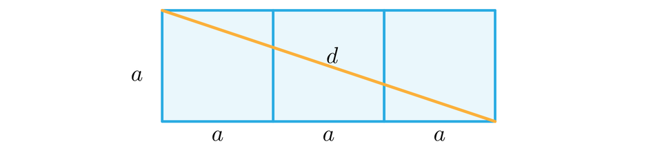 Na ilustracji przedstawiono połączone ze sobą trzy kwadraty o boku długości a. Powstał trójkąt, w którym zaznaczono przekątną d.