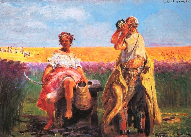 Obraz przedstawia scenę z życia wiejskiego w słoneczny dzień. Na pierwszym planie znajdują się dwie postacie: kobieta i mężczyzna. Kobieta siedzi na drewnianej ławie,  ubrana jest w białą bluzkę z opuszczonymi rękawami i różową spódnicę. Ma wianek z kwiatów na głowie i trzyma dzban w ręku. Obok niej stoi mężczyzna, odwrócony bokiem do widza, który pije z glinianego naczynia. Ma przewieszoną przez ramię płachtę materiału lub worek. Na drugim planie widać rozległe pola, które rozciągają się aż po horyzont. Na dalszym planie po lewej stronie widać grupę ludzi pracujących w polu. Nad nimi rozciąga się błękitne niebo z lekkimi obłokami. 