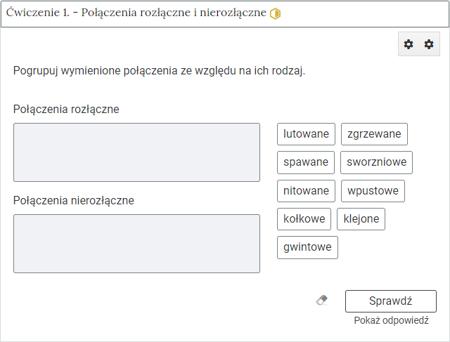 Zdjęcie przedstawia otwartą zakładkę z przykładowym zadaniem. Pod nazwą zakładki znajduje się polecenie. Pod poleceniem widać treść zadania z odpowiedziami do wyboru. Po prawej stronie polecenia widać żółty sześciokąt. Poniżej zadania, po prawej stronie panelu znajduje się ikona sprawdź. Po jej lewej stronie widać symbol gumki. Poniżej przycisku sprawdź znajduje się napis pokaż odpowiedź.