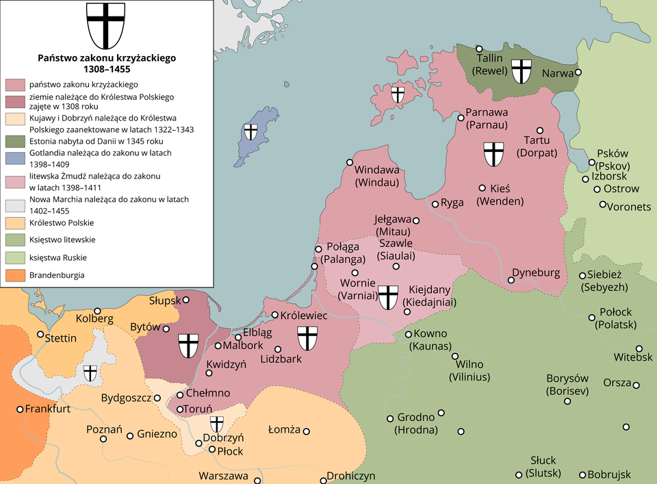 Ilustracja przedstawia mapę z zaznaczonym obszarem Państwa zakonu krzyżackiego z miastami Toruń, Chełmno, Kwidzyń, Malbork, Elbląg, Lidzbark, Królewiec, Windawa, Ryga, Jełgawa, Ryga, Kieś, Dyneburg, Tartu, Parnawa. Teren Królestwa Polskiego z miastami Drohiczyn, Warszawa, Łomża, Płock, Gniezno, Poznań.   Ziemie należące do Królestwa Polskiego zajęte w 1308 roku z miastami Słupsk i Bytów.   Brandenburgia z Frankfurtem.   Kujawy i Dobrzyń należące do Królestwa Polskiego zaanektowane w latach 1322 - 1343 z miastami Bydgoszcz, Dobrzyń.   Estonia nabyta od Danii w 1345 roku z miastami Tallin i Narwa.   Wyspa Gotlandia należąca do zakonu w latach 1398 - 1409.   Teren litewskiej Żmudzi należącej do zakonu w latach 1398‑1411 z miastami Połąga, Wornie, Kiejdany, Szawle. Obszar Estonii nabytej od Danii w 1345 roku z miastami Tallin i Narwa.   Nowa Marchia należąca do zakonu w latach 1402 - 1455, tereny niedaleko Frankfurtu.   Królestwo Polskie z miastami poznań, Gniezno, Płock, Warszawa, Łomża, Drohiczyn.   Księstwo litewskie z miastami Kowno, Wilno, Grodno, Słuck, Borysów, Wilno, Bobrujsk, Orsza, Witebsk, Połock, Siebież.  Księstwa Ruskie z miastami Psków, Izborsk, Ostrow, Voronets. 