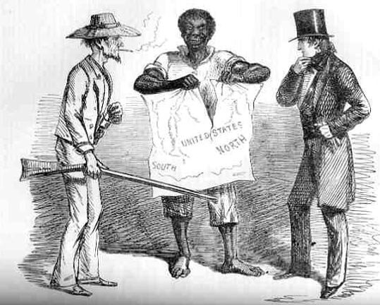 Ilustracja przedstawia trzy postaci. Na środku stoi czarnoskóry, uśmiechnięty mężczyzna, który rozcina mapę na pół. Na mapie znajdują się Stany Zjednoczone z podziałem na Południe i Północ. Po lewej stronie mężczyzny stoi mężczyzna z bronią w ręku. Po prawej stronie stoi elegancko ubrany mężczyzna z cylindrem na głowie.