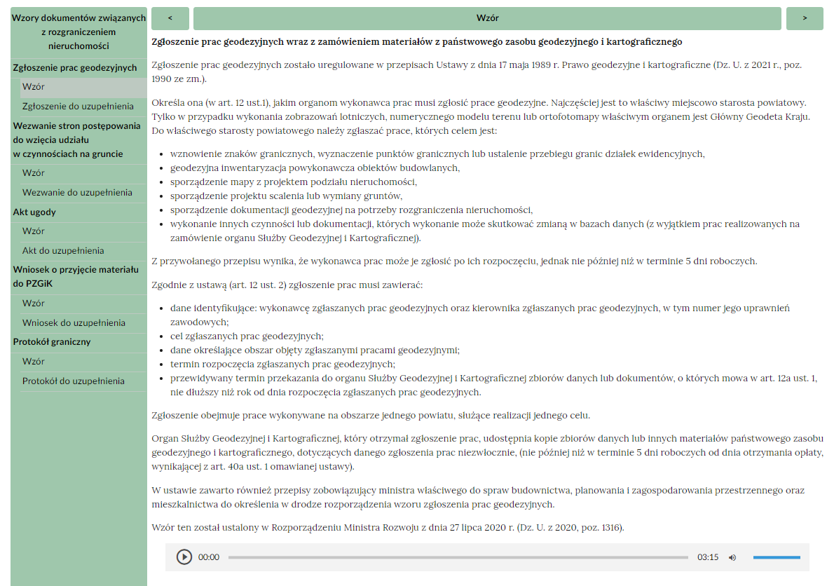 Grafika przedstawia przykładowy wygląd dokumentacji interaktywnej. Z menu po lewej stronie można wybrać interesujący użytkownika dokument. Menu składa się z tytułów dokumentów ułożonych jeden pod drugim. W górnej części ekranu danego dokumentu widoczny jest opis, który można również odsłuchać dzięki znajdującemu się poniżej odtwarzaczowi audio. Niżej widoczny będzie wzór dokumentu.