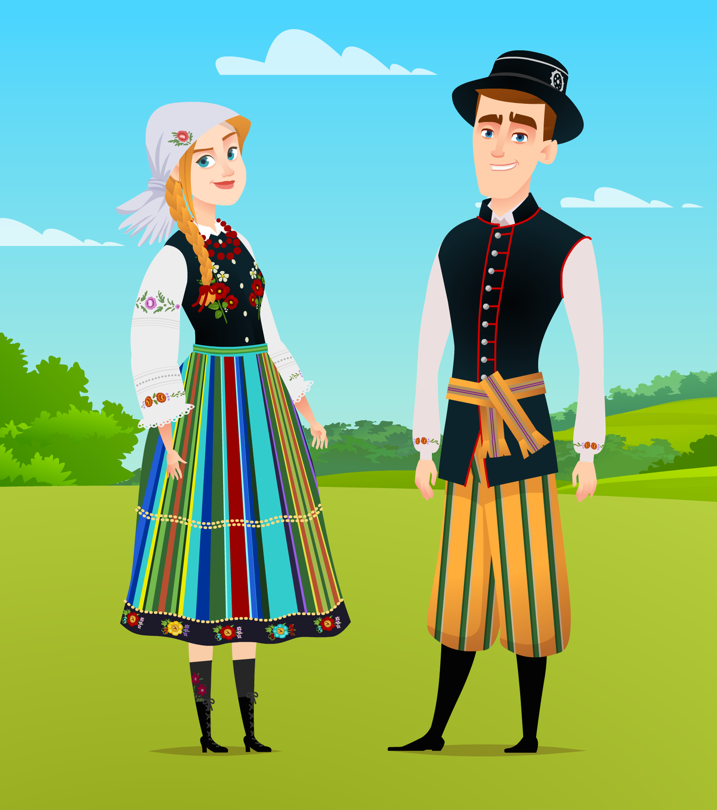 Ilustracja przedstawia graficzną prezentację stroju łowickiego w formie rysunku. Na ilustracji znajduje się para – kobieta oraz mężczyzna. Kobieta ubrana jest w białą koszulę zdobioną kwiatowymi wzorami, na którą nałożony ma ciemny gorset również przyozdobiony kwiecistym wzorem, który zachodzi w długą spódnicę w pionowe kolorowe pasy, u dołu przyozdobioną kwiecistymi wzorami. Na głowie kobieta ma szarą chustę z wyhaftowanym kwiatem. Na szyi czerwone korale, na nogach czarne obuwie – trzewiki. Mężczyzna stoi z prawej strony, ubrany jest w białą koszulę na którą założona jest czarna kamizelka związana zółto‑zielonym pasem i przykrywająca częściowo (do kolan) szare żółte spodnie w zielone pionowe pasy. Na głowie mężczyzna ma czarny kapelusz z szerokim rondem. Na nogach ubrane ma czarne wysokie buty.  Para stoi na polanie, w tle krzewy.