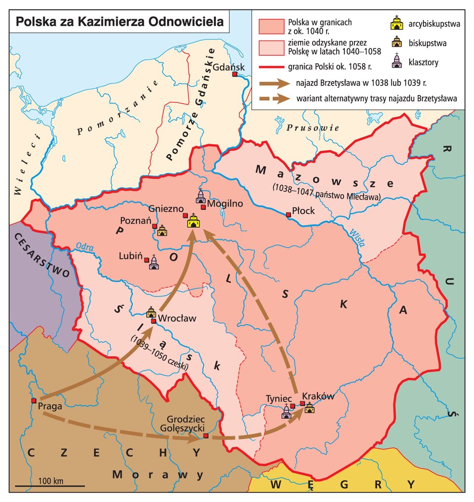 Mapa przedstawia Polskę za Kazimierza Odnowiciela.  na mapie uwzględniono takie obszary jak Pomorze Gdańskie, Mazowsze, Śląsk, Czechy Węgry, Ruś.  Na mapie oznaczono granice Polski w około 1040 roku. Na jej obszar składały się wtedy miasta Mogilno, Gniezno, poznań‑lublin, Tyniec, Kraków. Część północnej granicy Polski wyznaczała rzeka Wisła, przebiegająca przez Płock. Część południowo‑zachodniej granicy Polski wyznaczała wtedy rzeka Odra.  Na ziemie odzyskane przez Polskę w latach 1040 – 1058 składały się Śląsk z miastem Wrocław oraz Mazowsze z miastem Płock.  Dodatkowo na obszarze Śląska dopisano informację, że Śląsk w latach 1039 – 1050 był czeski. Natomiast Mazowsze w latach 1038 – 1047 było państwem Miecława.   Na mapie oznaczono kierunek najazdu wojsk Brzetysława w 1038 lub 1039 roku. Kierunek wojsk  rozpoczyna się z miasta Pragi na obszarze Czech, pod Wrocław, a następnie pod Gniezno. Drugi wariant alternatywny trasy najazdu Brzetysława przedstawiono jako ruch wojsk z Pragi na obszarze Czech, przez czeskie miasto Grodzisk Golęszycki i dalej pod Kraków, a następnie pod Gniezno.   Dodatkowo na mapie oznaczono arcybiskupstwa  w mieście Gniezno. Biskupstwa w miastach Poznań, Wrocław, Kraków. Klasztory w miastach Lubin, Tyniec.