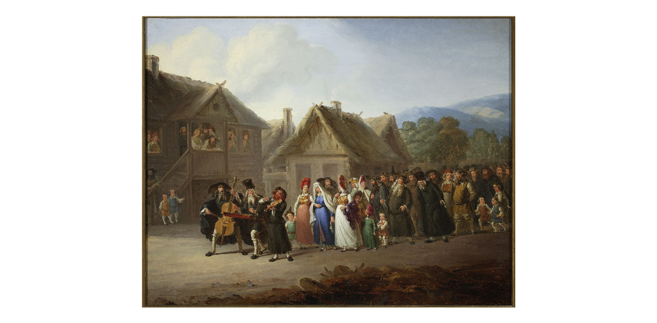 Obraz przedstawia wiejską drogę. Kroczy nią duża grupa osób. Na przedzie idą trzej mężczyźni. Są ubrani w ciemne szaty. Idąc, grają na instrumentach. Są to wiolonczela, cymbały i skrzypce. Za nimi podążają trzy młode kobiety. Są ubrane w jasne suknie. Idące po bokach mają na głowach wysokie nakrycia głowy. Postać idąca w środku ma głowę przykrytą długim, jasnym welonem. Obok nich idą trzy małe dziewczynki. Przyglądają się kobietom. Dalej idą inni weselnicy. Na dalszym planie stoją dwa drewniane domy. Przez okna pierwszego z nich wyglądają mieszkańcy. Po prawej stronie w głębi ukazane są drzewa i szczyty gór. W tle lekko zachmurzone niebo.