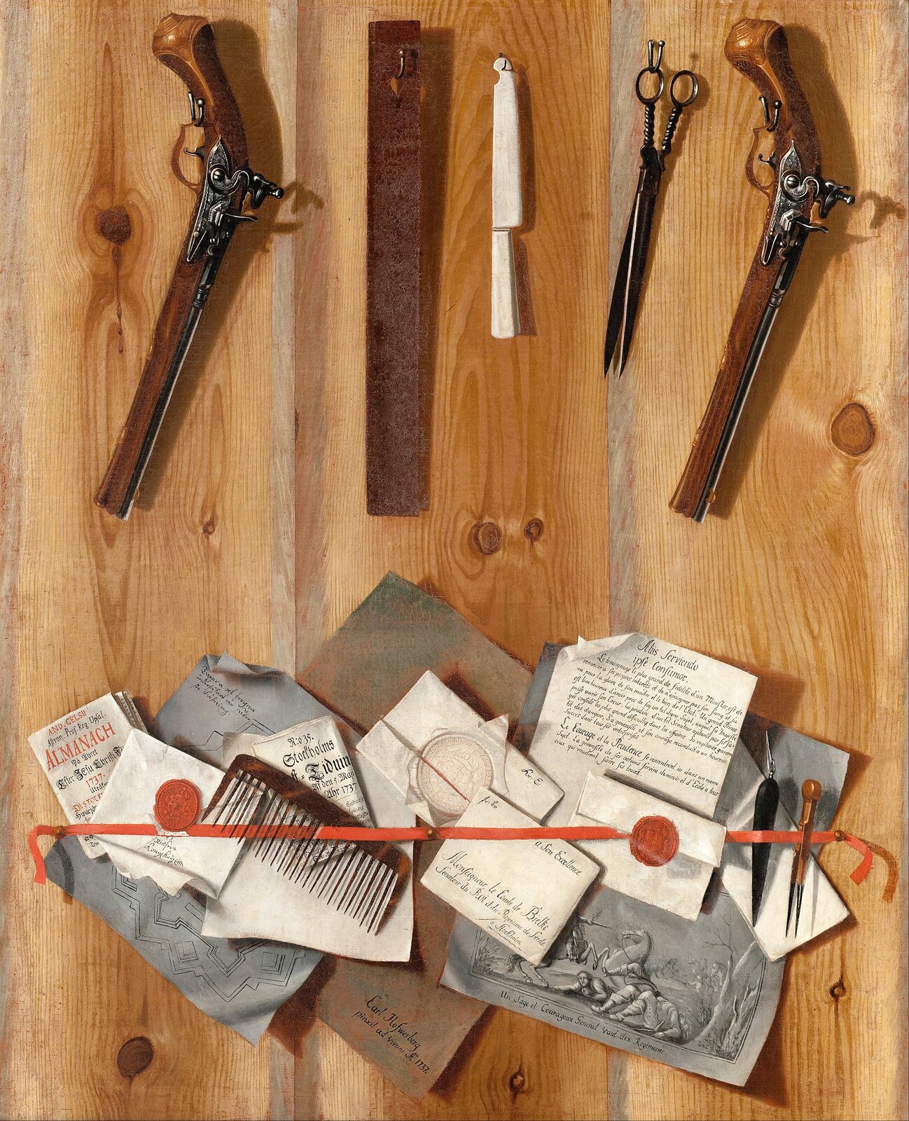 Ilustracja ukazuje zamocowane na trzech sklejonych z sobą deskach różne przedmioty. Na górze, po brzegach zawieszone są dwa pistolety, a pomiędzy nimi - pasek ze skóry, nóż i nożyczki. Na dole, za przypiętą czerwoną tasiemką z lakowymi pieczęciami, zatknięte są kartki - ryciny, listy, kalendarz, plan twierdzy, szkic sceny walki. Wszystkie przedmioty wykonane są z niezwykłą precyzją.