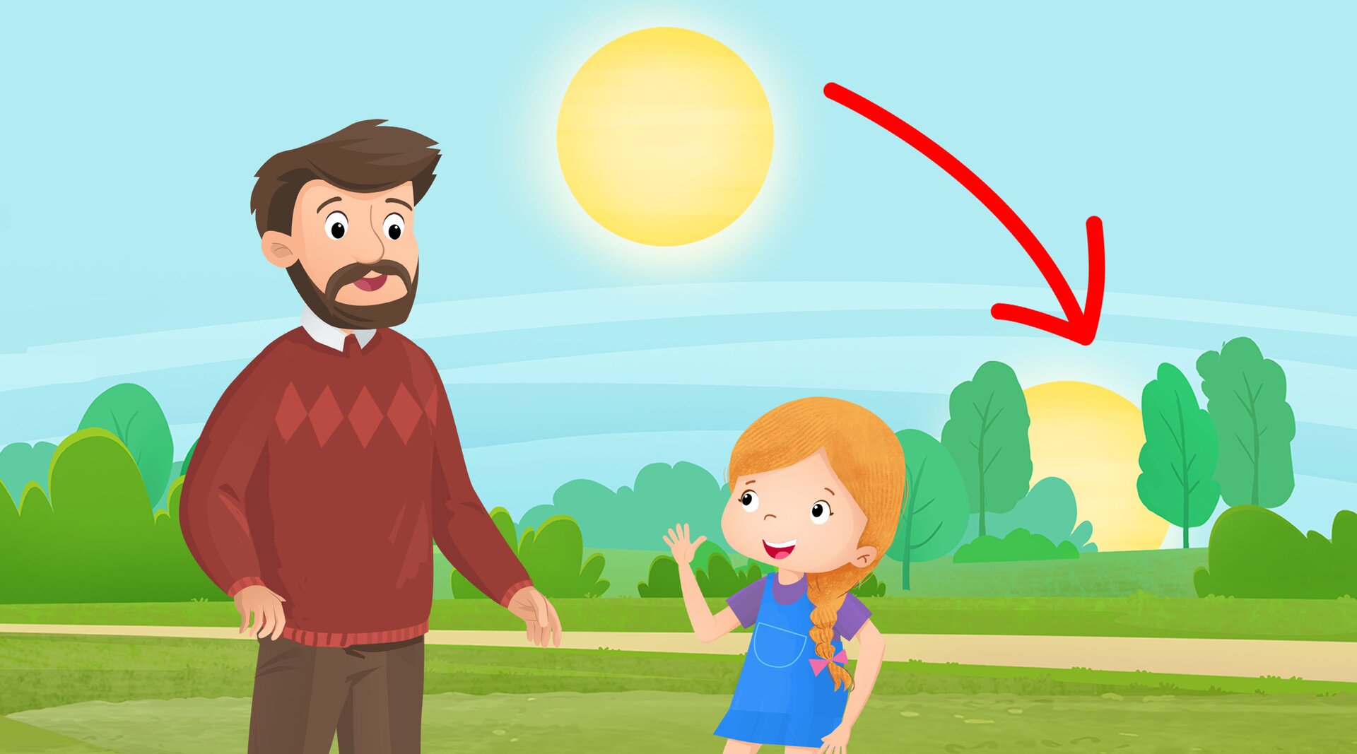 Na ilustracji znajduje się dziewczynka i mężczyzna popołudniową porą.