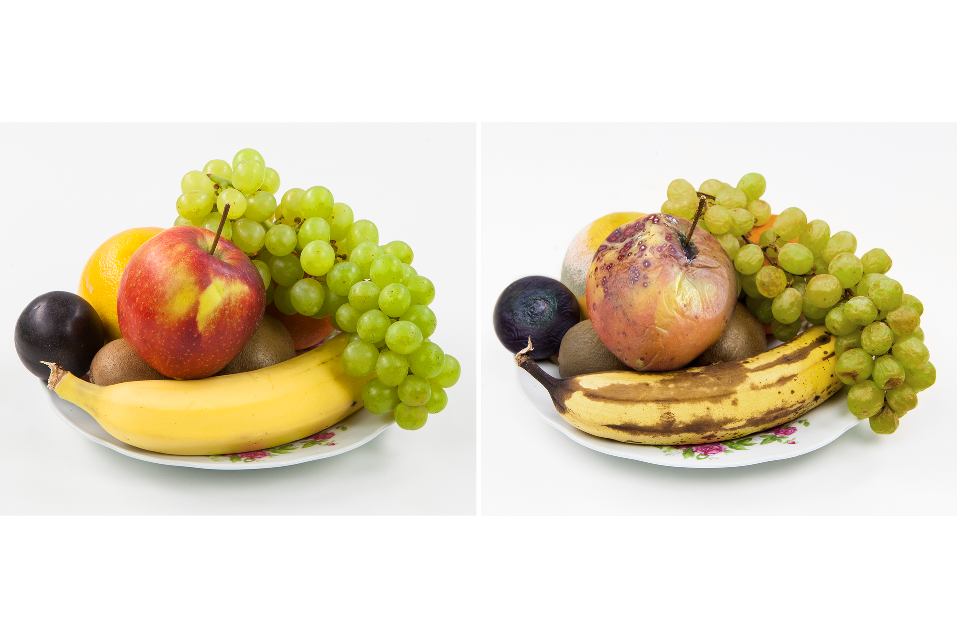 Ilustracja przedstawia dwie prawie identyczne fotografie - talerze w owocami (banan, jabłko, śliwka, kiwi, pomarańcza). Jest jedna różnica - pierwsza fotografia przedstawia świeże owoce, druga zaś bardzo dojrzałe i zasuszone.