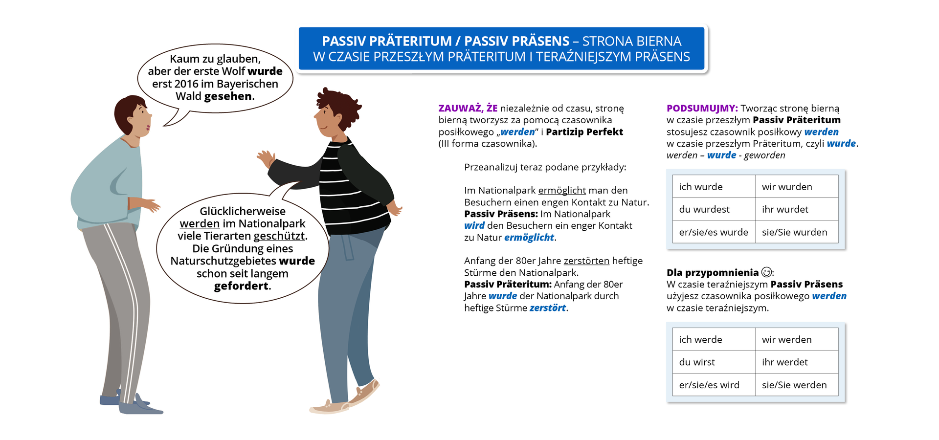 Ilustracja przedstawia infografikę pod tytułem Passiv Präteritum / Passiv Präsens — strona bierna w czasie przeszłym Präteritum i teraźniejszym Präsens. Po lewej stronie infografiki znajdują się dwa rozmawiający ze sobą chłopcy, a po prawej jest tekst. Rozmowa chłopców jest następująca. Chłopiec z lewej: Kaum zu glauben, aber der erste Wolf wurde erst 2016 im Bayerischen Wald gesehen. W tym zdaniu pogrubione są wyrazy wurde oraz gesehen. Chłopiec z prawej: Glücklicherweise werden im Nationalpark viele Tierarten geschützt. W tym zdaniu podkreślone są wyrazy werden oraz geschützt. Die Gründung eines Naturschutzgebietes wurde schon seit langem gefordert. W tym zdaniu pogrubione są wyrazy wurde oraz gefordert. Treść teksu po prawej stronie infografiki jest następująca. Zauważ, że niezależnie od czasu, stronę bierną tworzysz za pomocą czasownika posiłkowego werden i Partizip Perfekt (trzecia forma czasownika). W tym zdaniu pogrubione są wyrazu werden oraz Partizip Perfekt. Przeanalizuj teraz podane przykłady: Im Nationalpark ermöglicht man den Besuchern einen engen Kontakt zu Natur. W tym zdaniu podkreślony jest wyraz ermöglicht. Passiv Präsens: Im Nationalpark wird den Besuchern ein enger Kontakt zu Natur ermöglicht. W tym zdaniu pogrubione są wyrazy wird oraz ermöglicht. Anfang der 80er Jahre zerstörten heftige Stürme den Nationalpark. W tym zdaniu podkreślony jest wyraz zerstörten. Passiv Präteritum: Anfang der 80er Jahre wurde der Nationalpark durch heftige Stürme zerstört. W tym zdaniu pogrubione są wyrazy wurde oraz zerstört. Podsumujmy: tworząc stronę bierną w czasie przeszłym Passiv Präteritum stosujesz czasownik posiłkowy werden w czasie przeszłym Präteritum, czyli wurde. Werden — wurde — geworden. W tym zdaniu pogrubione są wyrazy Passiv Präteritum, werden oraz wurde. Poniżej tabelka: ich wurde, du wurdest, er/sie/es wurde, wir wurden, ihr wurdet, sie/Sie wurden. Dla przypomnienia. Uśmiechnięta buźka puszczająca oczko. W czasie teraźniejszym Passiv Präsens użyjesz czasownika posiłkowego werden w czasie teraźniejszym. W tym zdaniu pogrubione są wyrazy Passiv Präsens oraz werden. Poniżej tabelka: ich werde, du wirst, er/sie/es wird, wir werden, ihr werdet, sie/Sie werden.