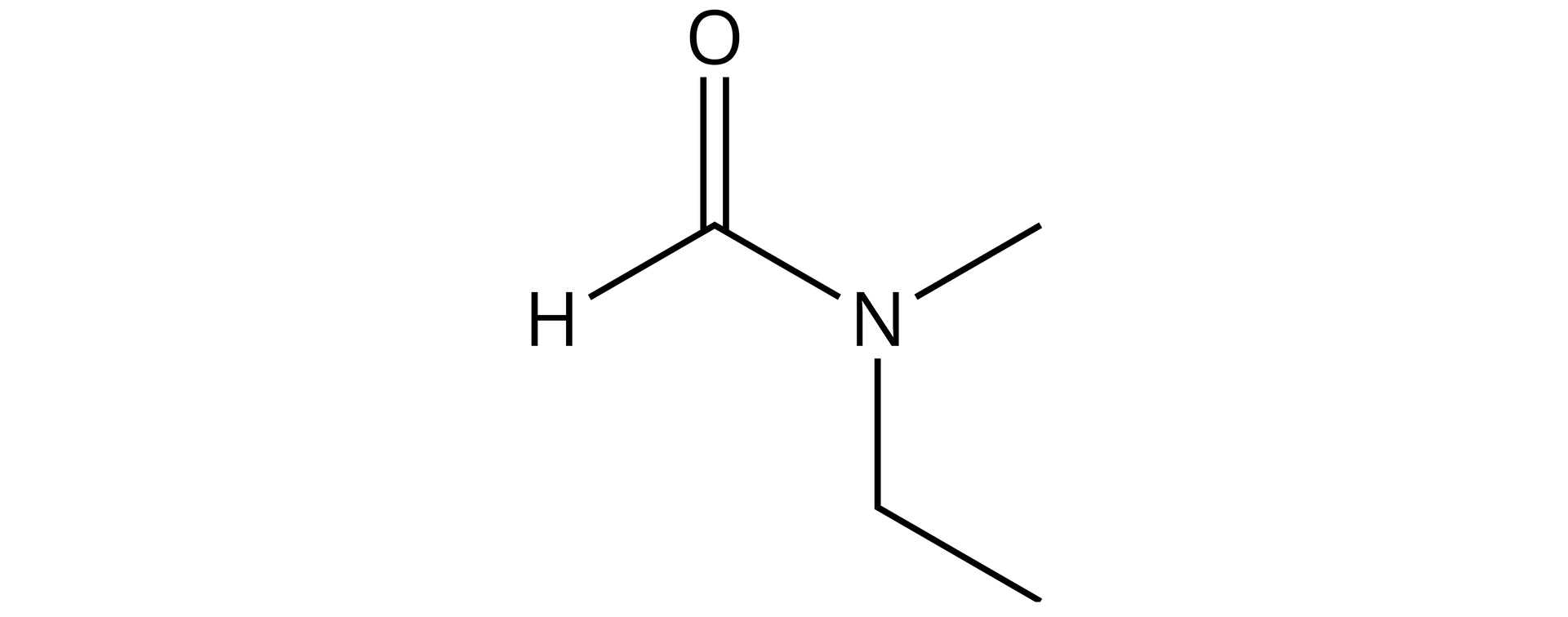 Ilustracja przedstawiająca wzór N,N-metyloformamidu. Cząsteczka zbudowana jest z atomu wodoru H związanego z atomem węgla połączonym za pomocą wiązania podwójnego z atomem tlenu oraz za pomocą wiązania pojedynczego z atomem azotu podstawionym dwiema grupami, to jest grupą etylową CH2CH3 oraz grupa metylową CH3.