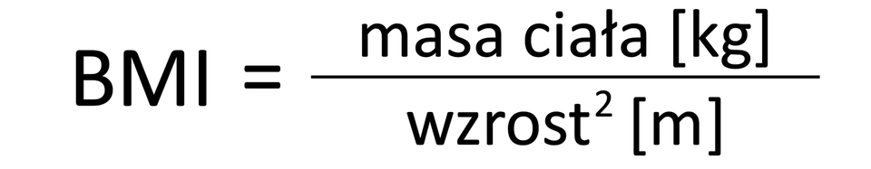 Grafika przedstawia wzór wskaźnika masy ciała BMI.  W liczniku masa ciała w kilogramach. W mianowniku wzrost do potęgi drugiej w metrach.
