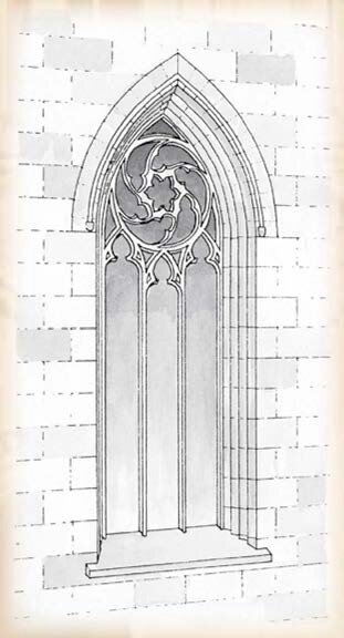 Ilustracja przedstawia okno gotyckie. Jest to podłużne, pionowe okno, którego szczyt jest zakończony ostrym końcem, z kolei boki są w kształcie łuku. Okno podzielone jest na części maswerkiem. Są to kamienne żebrowate elementy, wyznaczające wewnętrzne podziały okna wraz z ozdobną rozetką w jego górnej części. 