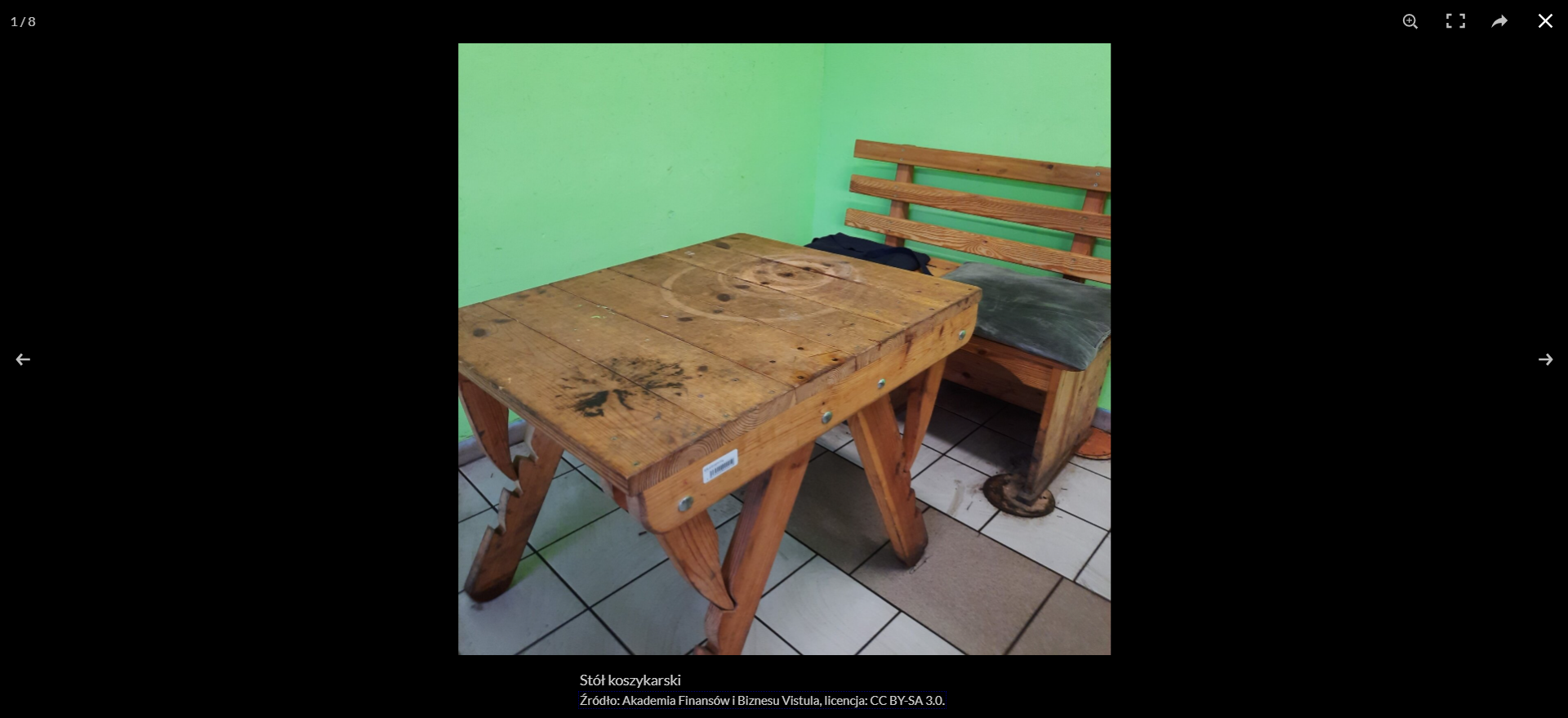 Grafika przedstawia widok pełny zdjęcia. na którym widoczny jest stół koszykarski. W dolnej części znajduje się podpis. Po bokach są strzałki nawigacyjne, a w górnej części ikony służące do powiększenia, trybu pełnoekranowego, udostępnienia oraz zamknięcia okna.