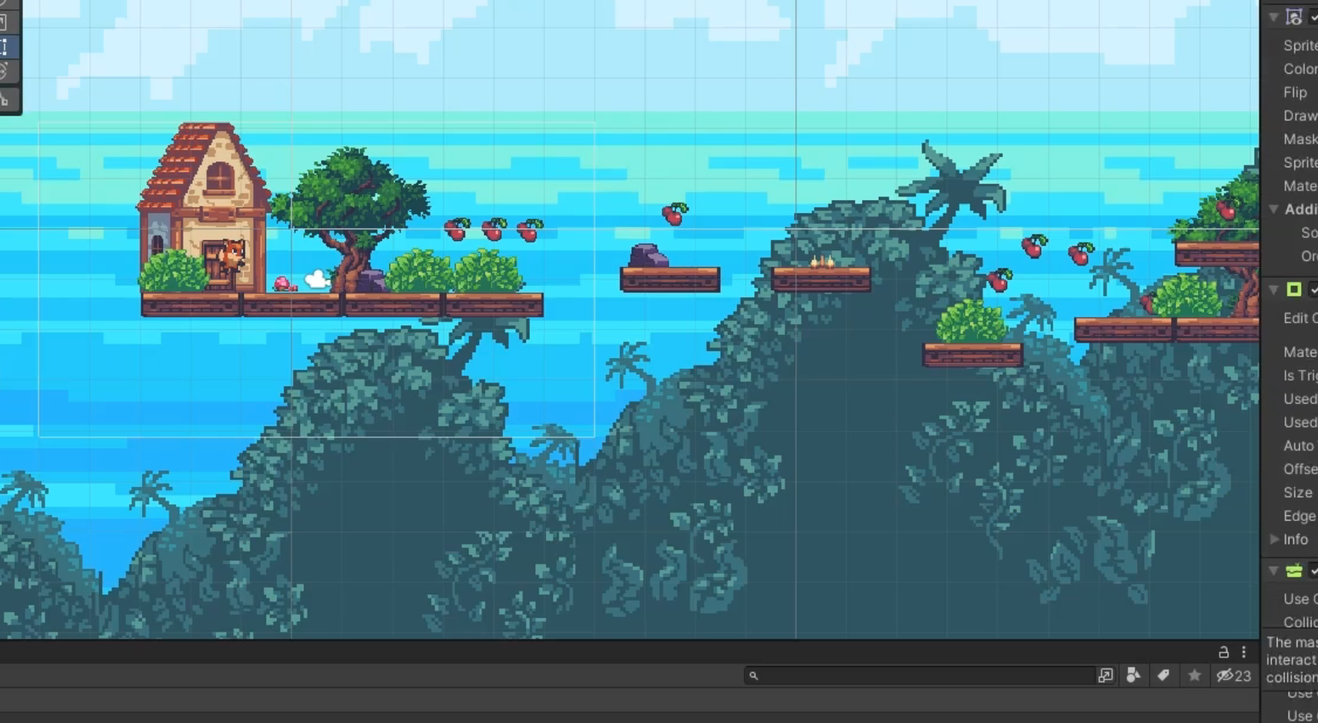 Grafika przedstawia grę platformową w programie Unity. Widoczne są platformy do skoku i wisienki do zbierania.