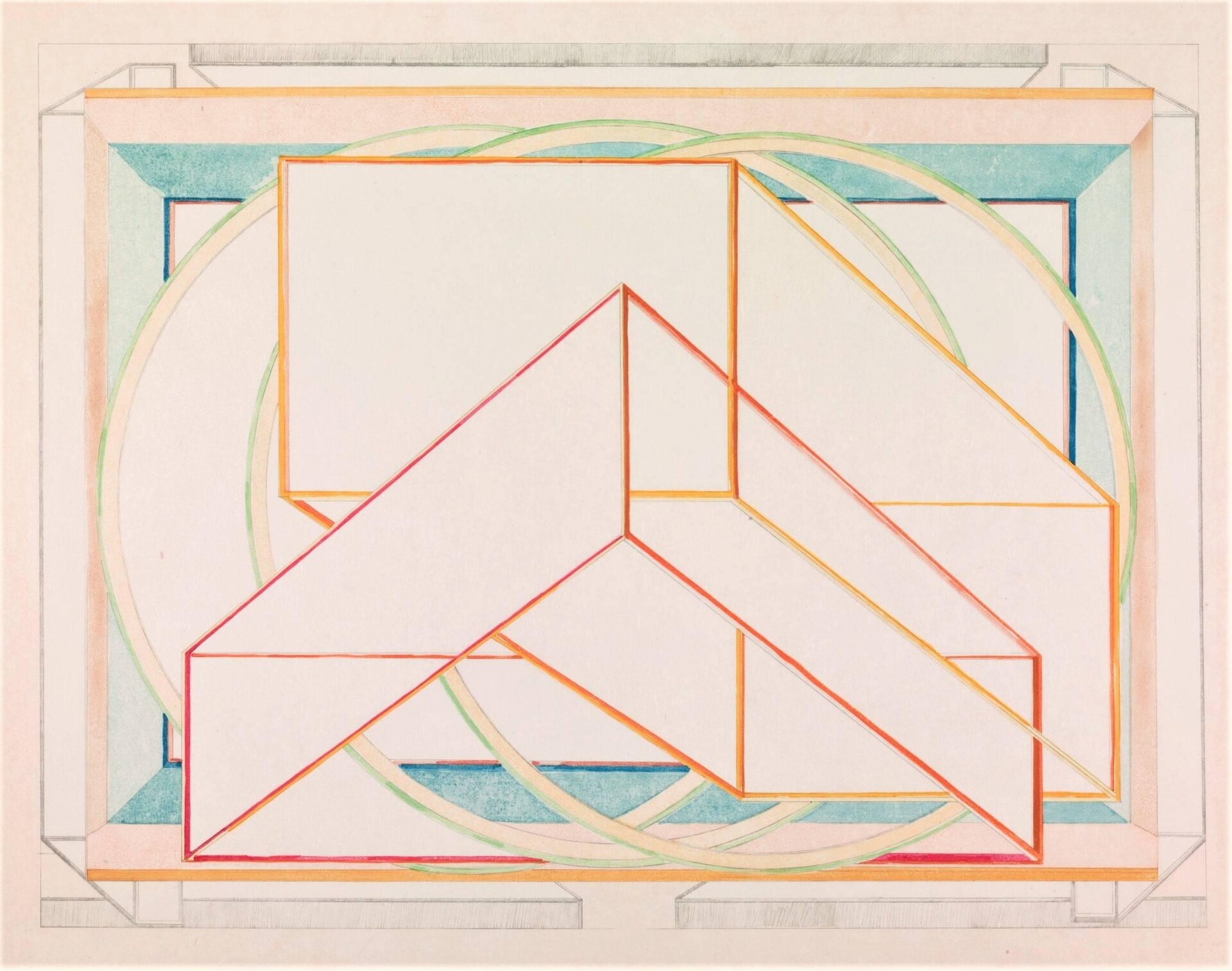 Praca autorstwa Ala Helda pod tytułem „Kyoto‑wa” przedstawia prostokąt, w który wpisany zostały figury geometryczne – okręgi, prostopadłościany, graniastosłupy. Każda z figur została przedstawiona za pomocą innych kolorów – okręgi za pomocą żółto‑zielonego koloru, graniastosłup za pomocą pomarańczowo‑czerwonego koloru, zaś prostopadłościan za pomocą błękitnego koloru.