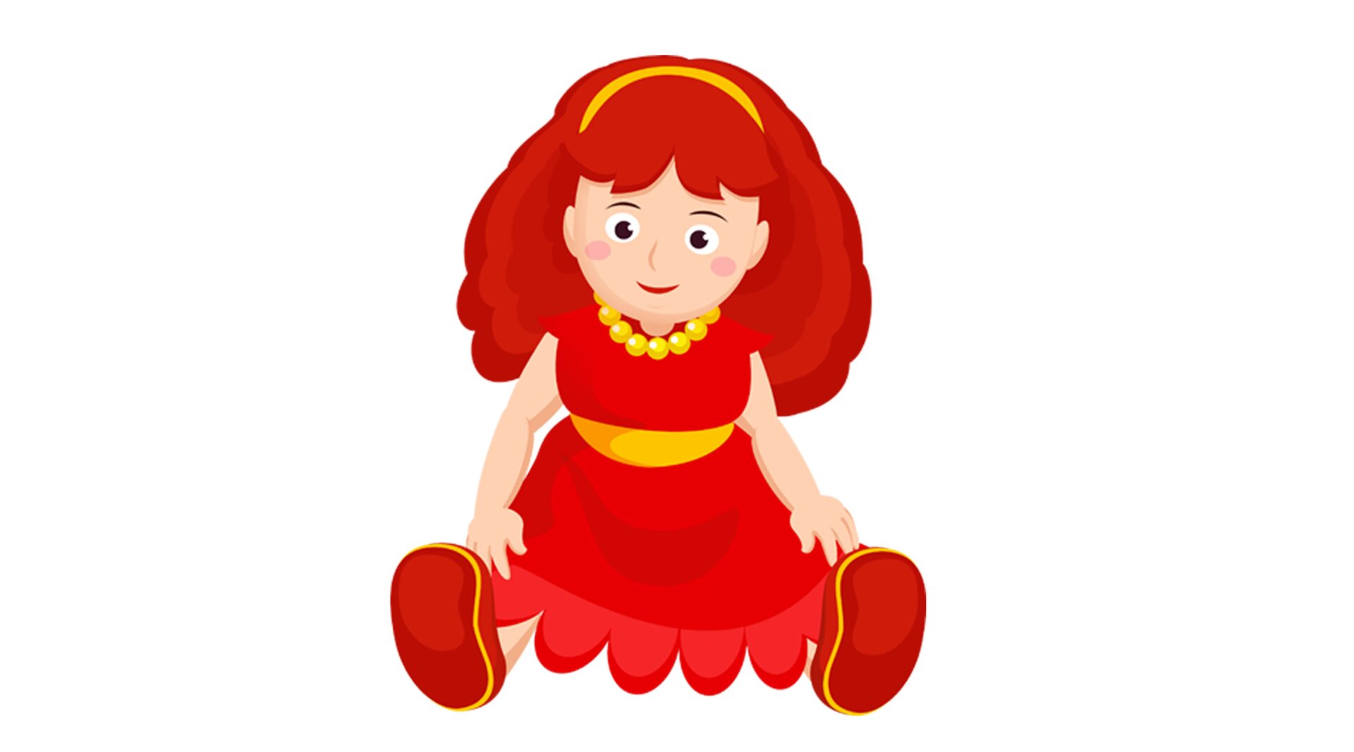 Ilustracja przedstawia lalkę w czerwonej sukience.