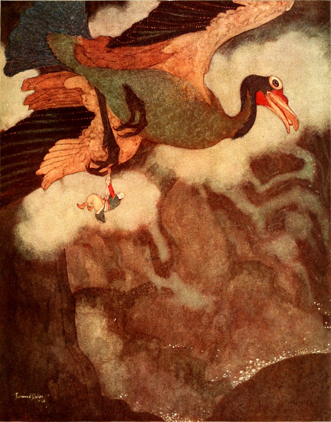 Ilustracja przedstawiająca Sindbada Żeglarza unoszonego przez ogromnego ptaka. Mężczyzna jest wielkości jednego jego palca. Ptak jest kolorowy: skrzydła są czerwono‑brązowo‑beżowe, podbrzusze zielone, a lotki na ogonie ciemnoniebieskie. Jego brązowa szyja jest długa. Ma lekko rozwarty dziób. Sindbad jest uczepiony kawałkiem białej tkaniny jego nogi. Patrzy on w stronę widza. Białe chmury zostały ukazane na tle brązowego nieba.