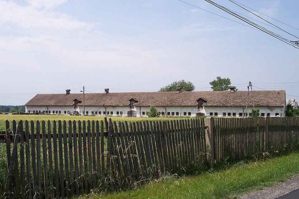 Zdjęcie przedstawia bardzo długi, parterowy biały budynek z rzędem niewielkich okienek, przykryty dwuspadzistym dachem. W dachu widoczne trzy niewielkie wykusze z drewnianymi drzwiami, bezpośrednio pod którymi, w bryle budynku umieszczone są drewniane wrota. Budynek otoczony łąką, na pierwszym planie, drewniany, sztachetowy płot. 