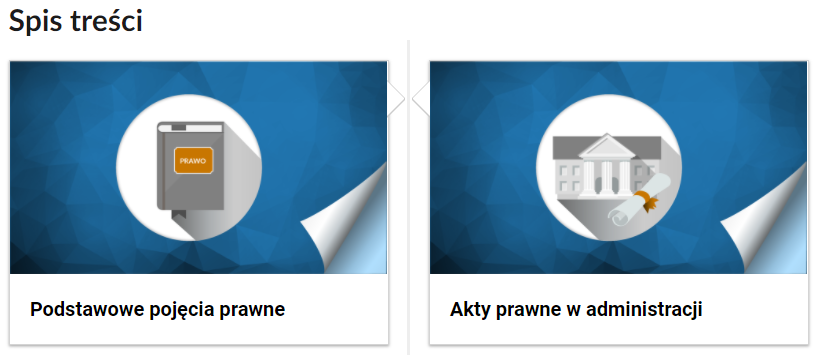 Grafika przedstawia fragment spisu treści. Znajdują się na niej dwa niebieskie prostokąty. Pośrodku lewego prostokąta w białym kole znajduje się szara, gruba książka z zakładką, o tytule "Prawo". Poniżej prostokąta napis: "Podstawowe pojęcia prawne". Pośrodku prawego prostokąta w białym kole znajduje się budynek z kolumnami na fasadzie, a obok zwój białego papieru przewiązany pomarańczową wstążką. Poniżej napis: "Akty prawne w administracji". 
