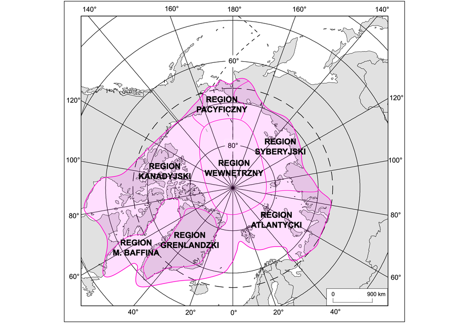 Mapa przedstawia regiony Arktyki. W samym centrum znajduje się region wewnętrzny. Od strony Pacyfiku znajduje się region pacyficzny, od strony Azji znajduje się region syberyjski. Od strony znajduje się region atlantycki. Od strony Grenlandii znajduje się region grenlandzki. Pomiędzy Grenlandią a Morzem Baffina znajduje się region Morza Baffina. Od strony Kanady znajduje się region kanadyjski.