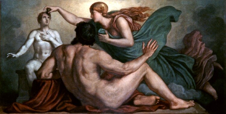 Obraz przedstawia mitologiczną scenę rodzajową. Na pierwszym planie widoczna jest odwrócona tyłem do widza postać nagiego mężczyzny. Jego ciało jest atletycznie zbudowane. Mężczyzna siedzi, wspierając się lewym łokciem na okrytym materiałem postumencie. Na drugim planie, za mężczyzną widzimy kobiecą postać. To przedstawiona z lewego profilu młoda kobieta. Ma zwiewną szatę i hełm na głowie. Spod niego wystają jej długie, falujące włosy. Kobieta jest nachylona w kierunku siedzącej nieopodal postaci. To nagi mężczyzna. Kobieta trzyma nad głową mężczyzny prawą dłoń. Dotyka palcami jego czoła. Mężczyzna lewą ręką dotyka klatki piersiowej. Prawą rękę na lekko uniesioną.