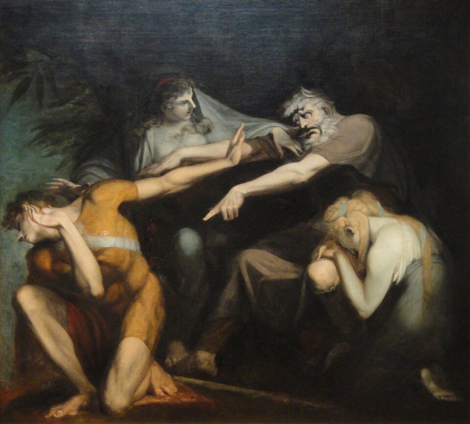 Obraz przedstawia siedzącego, siwowłosego starca, który wskazuje lewą ręką klęczącego młodego mężczyznę. Po obu stronach starca znajdują się młode kobiety. Jedna z nich płacze, druga próbuje powstrzymać starca.