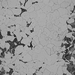 Na zdjęciu widoczny jest przykład mikrostruktury stali o zawartości dwóch dziesiątych procenta węgla. Widoczne na zdjęciu mikroskutery mają nieregularne ziarna o ostrych krawędziach. Z prawej i lewej strony zdjęcia widać ziarniste wtrącenia o szarym kolorze.