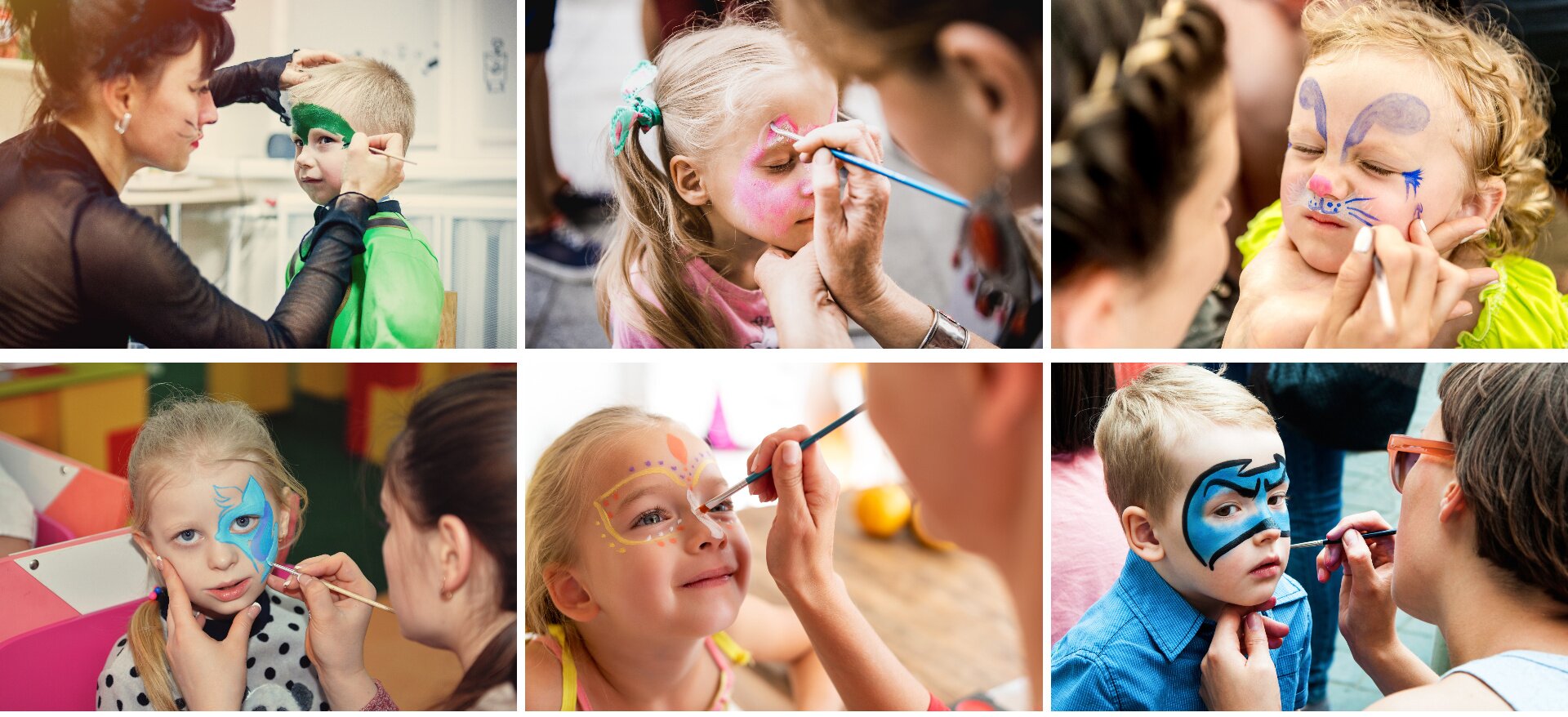 Fotografia składa się z sześciu zdjęć. Każde zdjęcie przedstawia dziecko, które ma malowaną twarz farbami. Na pierwszym zdjęciu znajduje się kobieta  i chłopiec. Kobieta ma na sobie czarną bluzkę z długim rękawem. Ma ciemne włosy, które są związane z tyłu. Na głowie ma czarną opaskę, a w uchu srebrny kolczyk. W prawej ręce trzyma pędzel, którym maluję chłopcu twarz na zielono. Lewą ręką przytrzymuje głowę chłopca. Chłopiec ma krótkie blond włosy i jest ubrany na zielono. Tło jest jasne, rozmazane. Na drugim zdjęciu znajduje się dziewczynka oraz fragment głowy i ręce kobiety, która maluje jej twarz. Dziewczynka ma blond włosy związane zieloną kokardą w kitki oraz ma na sobie różową bluzę. Kobieta lewą dłonią trzyma podbródek dziewczynki, a w prawej ma niebieski pędzel, którym maluje twarz na jasnoróżowy kolor. Na prawym przedramieniu ma szeroką bransoletkę, a w uchu duży czerwony kolczyk. Tło jest nieostre. Na trzecim zdjęciu znajduje się dziewczynka oraz fragment głowy i ręce kobiety, która maluje jej twarz. Dziewczynka ma krótkie, kręcone blond włosy oraz limonkową bluzkę. Na środku nosa ma namalowane różowe kółko, pod nosem niebieskie wąsy, na czole 2 niebieskie uszy a przy oczach niebieskie plamki. Kobieta lewą dłonią trzyma podbródek dziewczynki, a w prawej ma biały pędzel. Ma ciemne włosy z jasnymi pasemkami, które są zaplecione w warkocz dobierany oraz paznokcie pomalowane na biały kolor. Tło jest rozmazane.  Na czwartym zdjęciu znajduje się dziewczynka oraz fragment głowy i ręce kobiety, która maluje jej twarz. Dziewczynka ma długie, blond włosy, które są upięte z tyłu. Ma na sobie szarą bluzę w czarne kropki. Lewa część jej twarzy jest pomalowana na niebiesko. Kobieta lewą dłonią trzyma prawy policzek dziewczynki, a w prawej ma cienki pędzelek w kolorze jasnego drewna. Ma długie, ciemne włosy związane z tyłu. Tło jest nieostre, kolorowe.  Na piątym zdjęciu znajduje się dziewczynka oraz fragment policzka i prawa ręka kobiety, która maluje jej twarz. Dziewczynka ma długie, blond włosy, które są związane z tyłu. Ma na sobie koszulkę na ramiączkach w kolorach: żółtym i różowym. Dziewczynka na środku czoła ma namalowany pomarańczowy romb, wokół oczu ma żółte okręgi, a jej nos jest biały. Nad okręgami na czole znajdują się małe fioletowe kropki. Pod okręgami na policzku ma pomarańczowe kropki, a na skroni żółte kropki. Kobieta trzyma niebieski pędzel, którym maluje nos dziewczynki. Tło jest rozmazane.  Na szóstym zdjęciu znajduje się chłopiec oraz fragment głowy i ręce kobiety, która maluje mu twarz. Chłopiec ma krótkie, blond włosy i niebieską koszulę z kołnierzykiem. Jego górna połowa twarzy pomalowana jest na niebiesko z czarną obwódką i mocno zaznaczonymi czarnymi brwiami. Kobieta lewą dłonią podtrzymuje podbródek chłopca, a w prawej ma czarny pędzel, którym maluje policzek. Kobieta ma ciemne, krótkie włosy, pomarańczowe okulary i jasną bluzkę bez rękawów. Tło jest nieostre. 