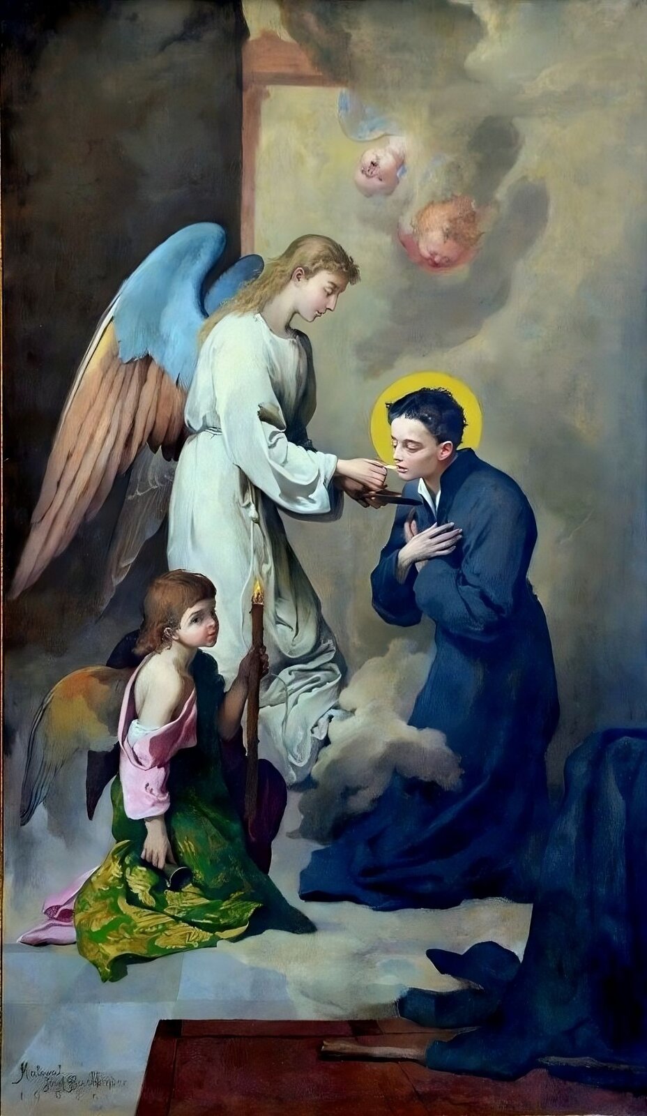 Obraz przedstawia scenę komunii. Anioł z długimi jasnymi włosami ma duże, złożone skrzydła i długie włosy. Ubrana jest w długą białą szatę. Podaje komunię klęczącemu przed nią młodemu  mężczyźnie. Mężczyzna jest ubrany w ciemną sutannę z białą stójką pod szyją. Ręce ma skrzyżowane na piersi, usta rozchylone, aby przyjąć komunię. Wokół głowy ma aureolę. Przy aniele klęczy aniołek. W ręku trzyma długą świecę, prawe ramię ma odsłonięte, z lewego luźno zsuwa się zielona zdobiona tkanina. Na ziemi widać skrawek dywanu i leżący na nim kostur. Nad mężczyzną unoszą się niewyraźnie zarysowane  postaci aniołków. Tło jest z lewej strony ciemne z prawej jasne.