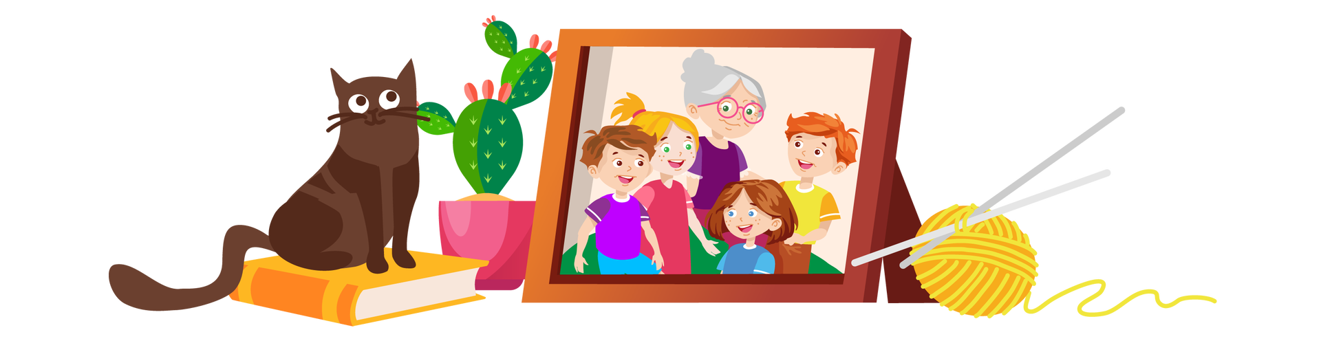 Ilustracja przedstawia zdjęcie w brązowej ramce. Na zdjęciu widać Maję, Franka, babcię, brązowowłosego chłopca i blondwłosą dziewczynkę. Wszyscy się uśmiechają. Na lewo od zdjęcia stoi zielony kaktus w ciemnoróżowej donicy oraz leży książka w żółto‑pomarańczowej okładce. Na książce siedzi ciemnobrązowy kot. Na prawo od zdjęcia leży żółta włóczka zwinięta w kłębek, w który są wbite dwa srebrne druty.