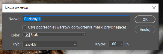 Ilustracja przedstawia okno dialogowe o nazwie Nowa warstwa. W polu NAzwa wpisano Poziomy1. W Kolorze zaznaczono Brak, w Trybie wpisano Zwykły, Krycie 100%. Zastosowano przycisk: OK.  