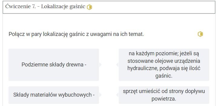 Na zdjęciu pokazano przykładowy wygląd rozwiniętego ćwiczenia. Na górze ćwiczenia znajduje się obszar z numerem ćwiczenia, jego tytułem oraz oznaczeniem poziomu trudności. Przykładowo: ćwiczenie siedem. Lokalizacja gaśnic, żółty sześciokąt foremny z połowicznym który symbolizuje średni poziom trudności.Niżej znajduje się polecenie: Przykładowo: Połącz w pary lokalizację gaśnic z uwagami na ich temat.Po lewej stronie polecenia znajduje się dwa prostokąty z następującym tekstami. Prostokąt pierwszy: Podziemne składy drewna. Prostokąt drugi: Składy materiałów wybuchowych.Po prawej stronie polecenia znajduje się dwa prostokąty z następującym tekstami. Prostokąt pierwszy: na każdym poziomie, jeżeli są stosowane olejowane urządzenia hydrauliczne, podwaja się ilość gaśnic. Prostokąt drugi: sprzęt umieścić od strony dopływu powietrza.