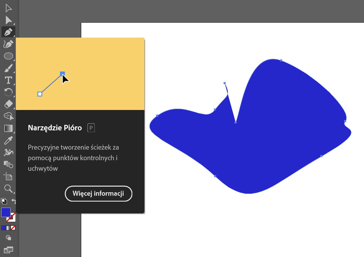 Grafika przedstawia rysowanie, czyli pracę na krzywych w programie CorelDRAW. Widoczny jest zrzut ekranu z menu bocznym programu, z żółto‑czarnym prostokątem pośrodku menu, wchodzącym na białe pole robocze, z napisem Narzędzie Pióro Precyzyjne tworzenie ścieżek za pomocą puktów kontrolnych i uchwytów. Na białym panelu roboczym rysunek złożony z nieregularnej niebieskiej figury.