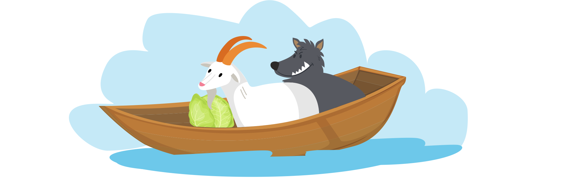 Grafika w kształcie chmurki. W chmurce znajduje się płynąca po wodzie łódka, w której siedzi biała koza i szary wilk. W łódce znajduje się też główka kapusty.